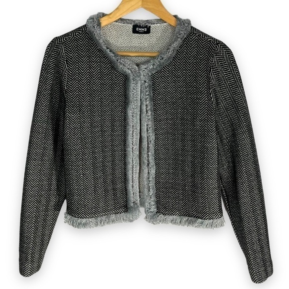 Emme Marella Herringbone Tweed Cropped Jacket w/ Fringe Trim, Black/Grey, Size M - Picture 1 of 11